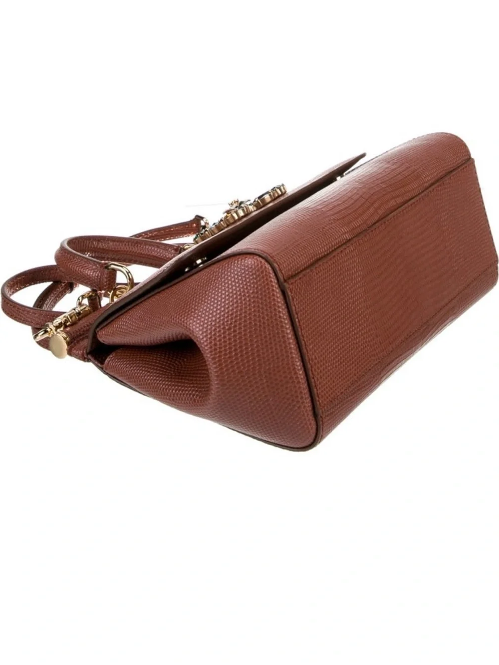 Dolce & Gabbana Brown Lizard-Embossed Sicily Top Handle Bag with Jeweled DG
